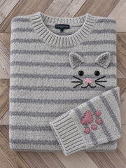 Maglione girocollo vintage adorabile Tabby Cat Face & Paw Print da donna