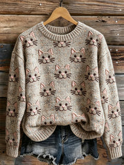 Maglione girocollo vintage da donna con viso a gatto adorabile