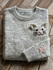 Maglione girocollo vintage da donna con stampa bella gatta e zampa