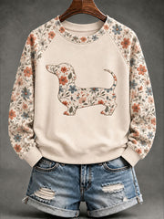 Felpa da donna con maniche raglan casual stampa floreale bassotto
