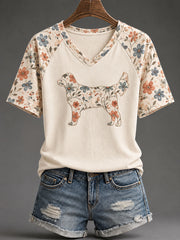 T-shirt casual da donna Golden Retriever con stampa floreale