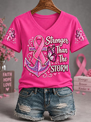 Nastro rosa da donna più forte della farfalla con stampa strom Consapevolezza del cancro al seno Supporto per la maglietta con scollo a V