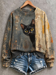 Felpa classica da donna con motivo artistico a olio raffigurante un gatto