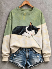 Felpa classica da donna con motivo artistico a olio raffigurante un gatto