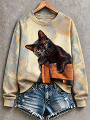 Felpa classica da donna con motivo artistico a olio raffigurante un gatto
